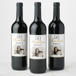 50 and Fabulous Gold Glitter Photo 50th Birthday Vinflaska Etikett