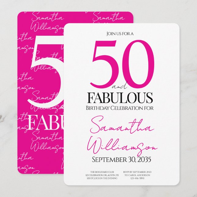 50 and Fabulous Pink | 50th Birthday Elegant  Inbjudningar (Fram/baksida)