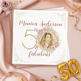  50 and Fabulous Pink Floral Gold Photo Birthday Pappersservett