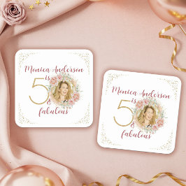 50 and Fabulous Pink Floral Gold Photo Birthday Underlägg Papper Kvadrat