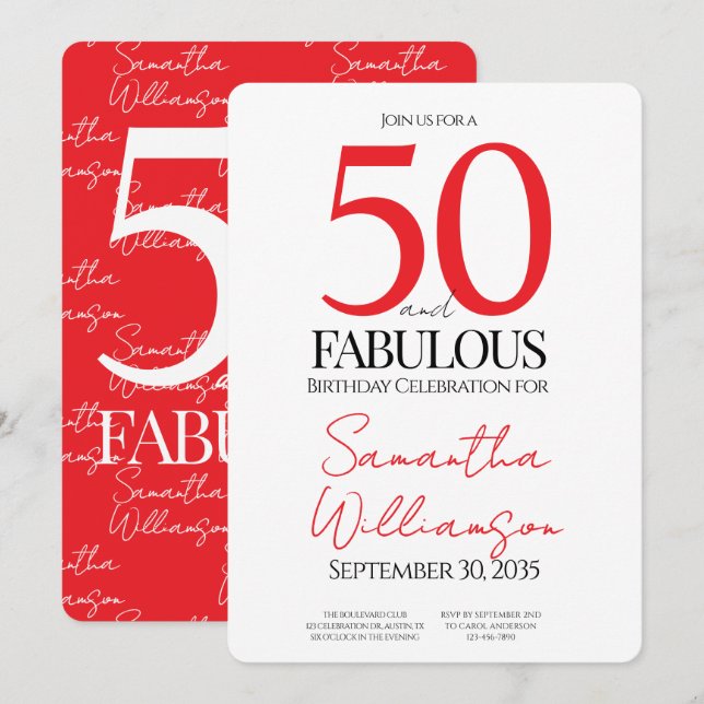 50 and Fabulous Red | 50th Birthday Elegant Simple Inbjudningar (Fram/baksida)