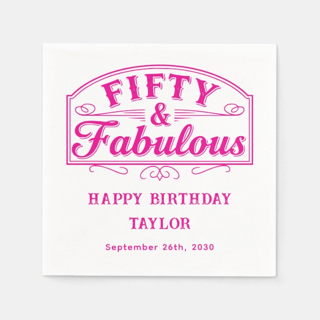 50 and Fabulous Rustic Script Line Art Pink Pappersservett (Framsidan)