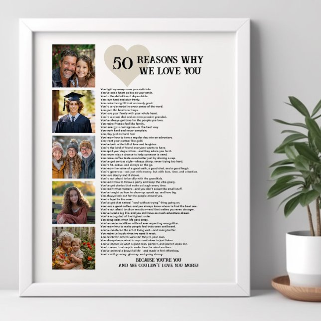 50 anledningar till att vi Kärlek dig 50:e födelse Poster (Sentimental printable photo poster for 50th birthday, father's day or other special occasion)