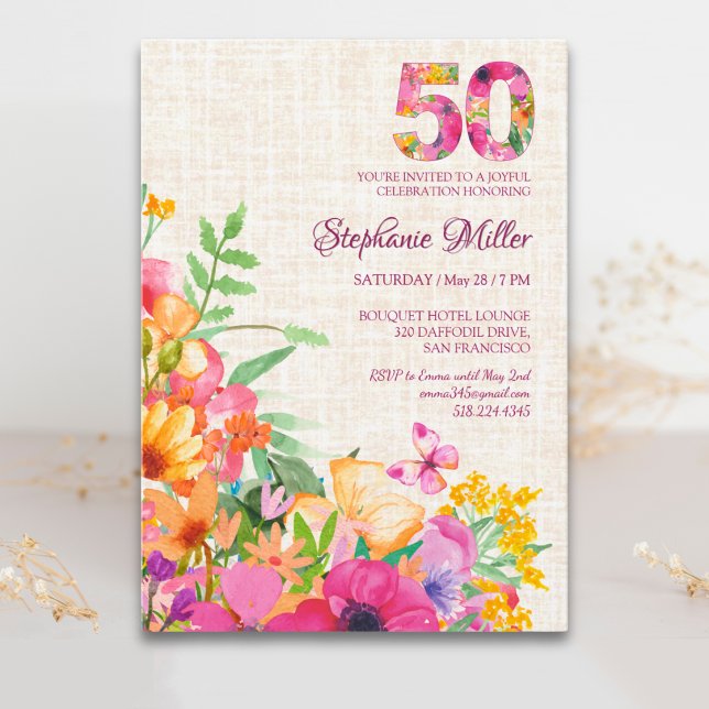 50 år blommor Blommig linne 50-årsdag Inbjudningar (Skapare uppladdad)