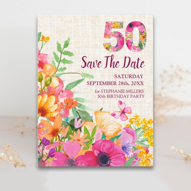 50 År Blommor Blommig Linne 50-årsdag Meddelande Vykort (Skapare uppladdad)