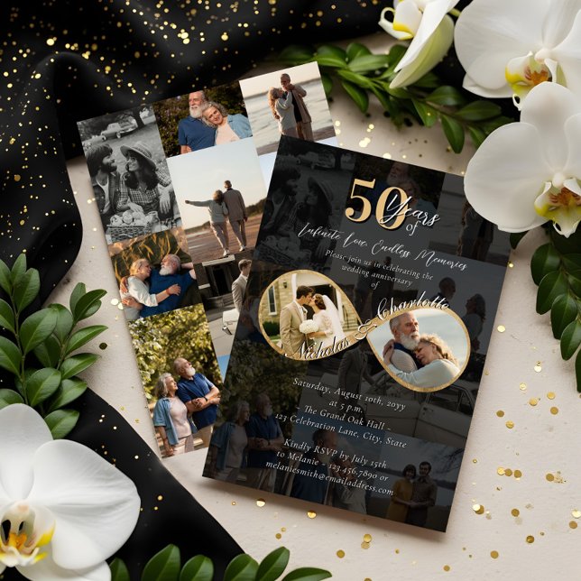 50 år kärlek oändlighet fotocollage årsdag inbjudningar (50 Years Love Infinity Photo Collage Anniversary Invitation)