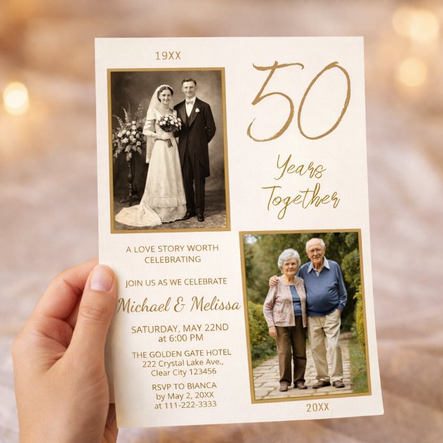 50 år tillsammans Foto berättelse Inbjudningar (Elegant then and now 50 years together anniversary invitation design)