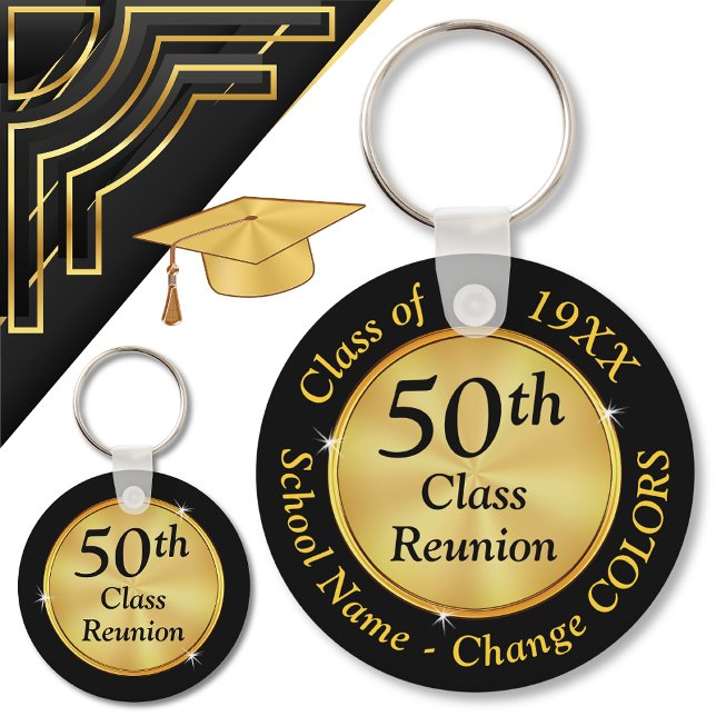 50-åriga klass Reunion Souvenirs, Byte FÄRG Nyckelring (50 year class reunion souvenirs. Black Gold Personalized, 50th Class Reunion Favors. Class of 1974.)
