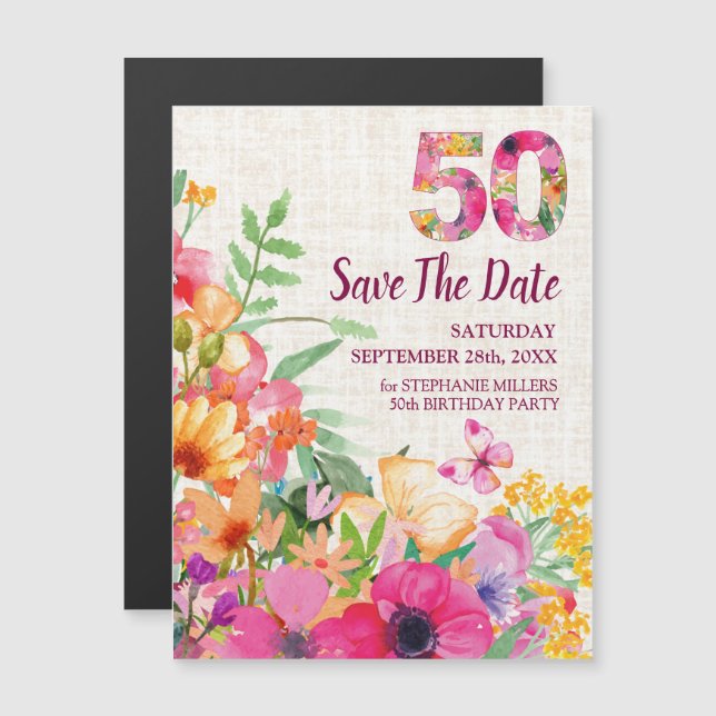50 års Blommigt Linen 50:e födelsedagen Spara datu Magnetisk Inbjudningskort (Fram/baksida)
