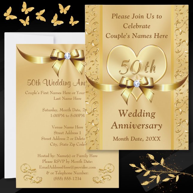 50 års Bröllop Årsdagen Inbjudningskort Guld (Personalized 50th Wedding Anniversary Invitations. Golden anniversary invitations, with Gold Heart. )