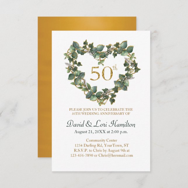 50-års Bröllops Akvarell Murgröna Hjärtkrans (Fram/baksida)