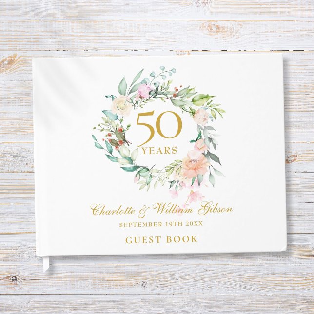 50-års bröllops guldjubileum Blommig krans Gästböcker (50th Wedding Golden Anniversary Floral Garland Guest Book)