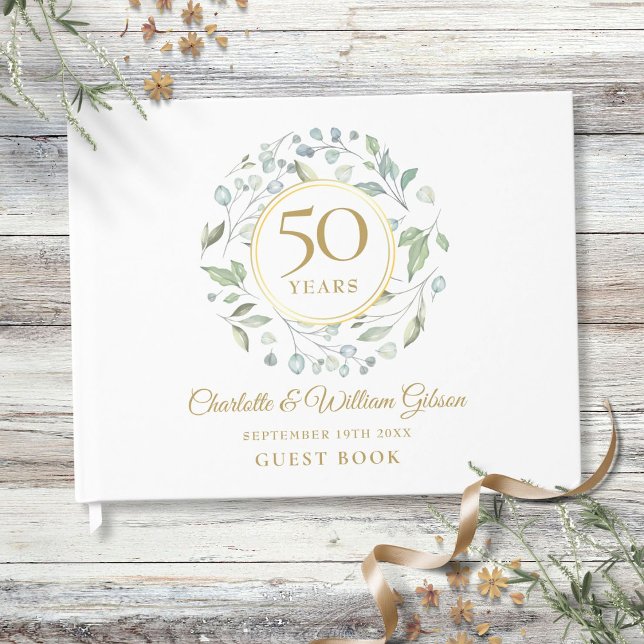 50-års bröllops guldjubileum Grön krans Gästböcker (50th Wedding Golden Anniversary Greenery Garland Guest Book)