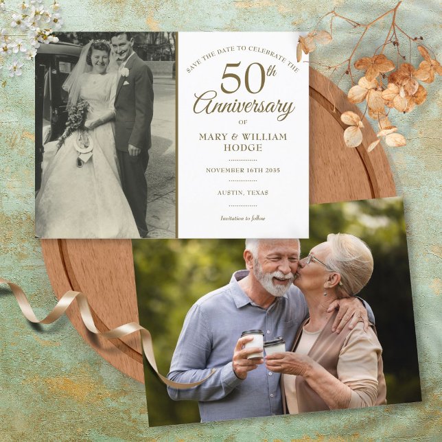 50-års bröllopsdag 2 Foto Spara datumet Meddelande Vykort (50th Wedding Anniversary 2 Photo Save The Date Announcement Postcard)