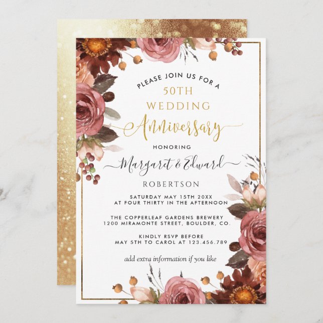 50-års bröllopsdag, Blommor i guld och burgunder Inbjudningar (Fram/baksida)