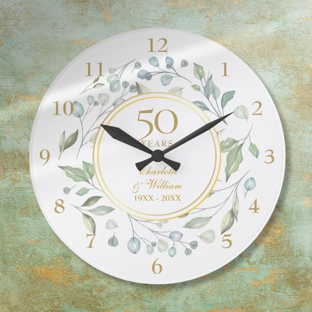50-års bröllopsdag Blomster Grönska Stor Klocka (50th Wedding Anniversary Floral Greenery Large Clock)
