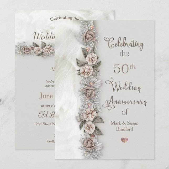 50-års bröllopsdag Drömmig blommande beige ros  Inbjudningar (Fram/baksida)