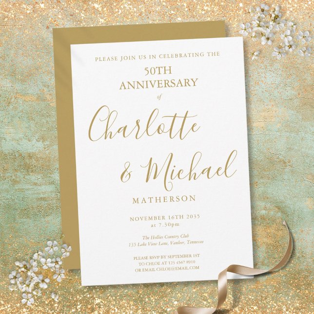50-års bröllopsdag Elegant gyllene signatur Inbjudningar (50th Wedding Anniversary Elegant Golden Signature Invitation)