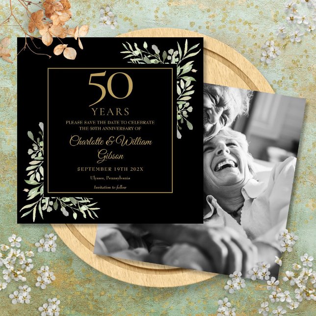 50-års bröllopsdag Foliage Svart Guld Foto Spara Datumet (50th Wedding Anniversary Foliage Black Gold Photo Save The Date)