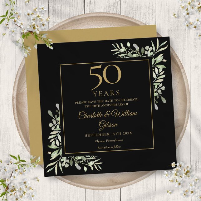 50-års bröllopsdag Foliage Svart Guld Fyrkantig Spara Datumet (50th Wedding Anniversary Foliage Black Gold Square Save The Date)