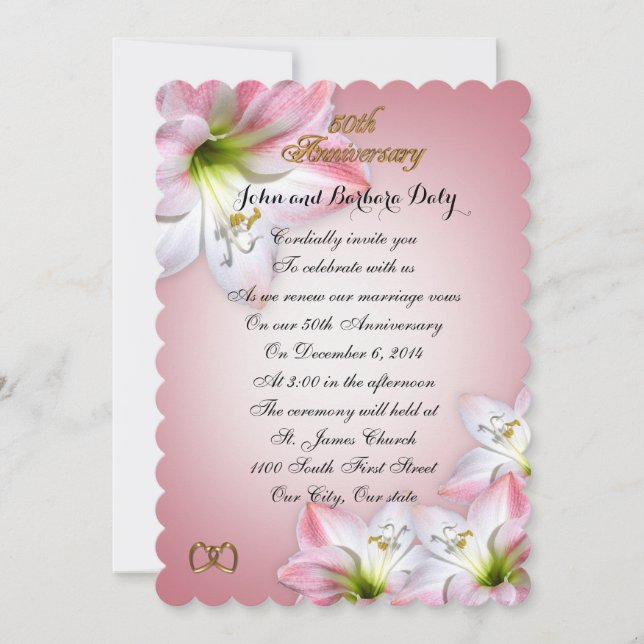 50-års bröllopsdag förnyelse av löften rosa amaryl inbjudningar (Framsida)