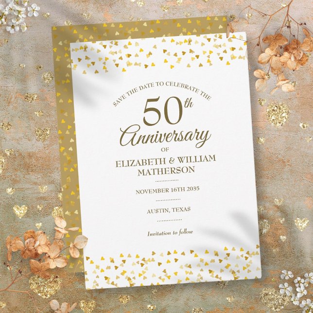 50-års bröllopsdag Golden Love Hearts Spara Datumet (50th Wedding Anniversary Golden Love Hearts Save The Date)