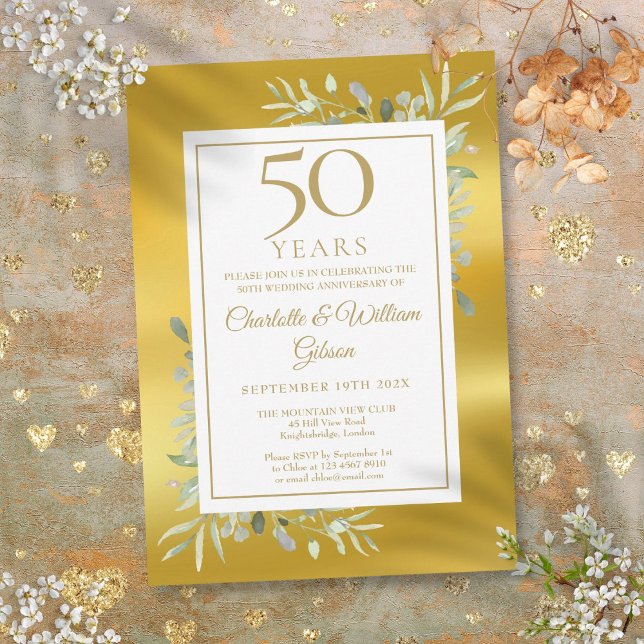 50-års bröllopsdag Greenery Guld Folie Inbjudningar (50th Wedding Anniversary Greenery Gold Foil Invitation)