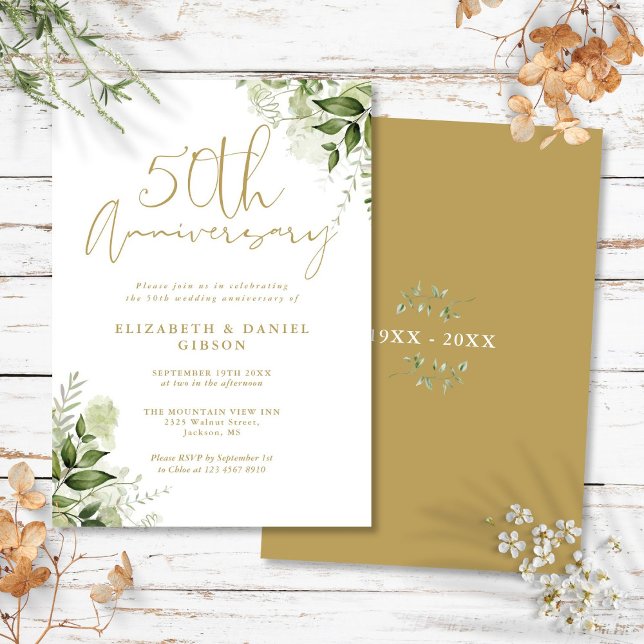 50-års bröllopsdag Grönska Guldmanus Inbjudningar (50th Wedding Anniversary Greenery Gold Script Invitation)