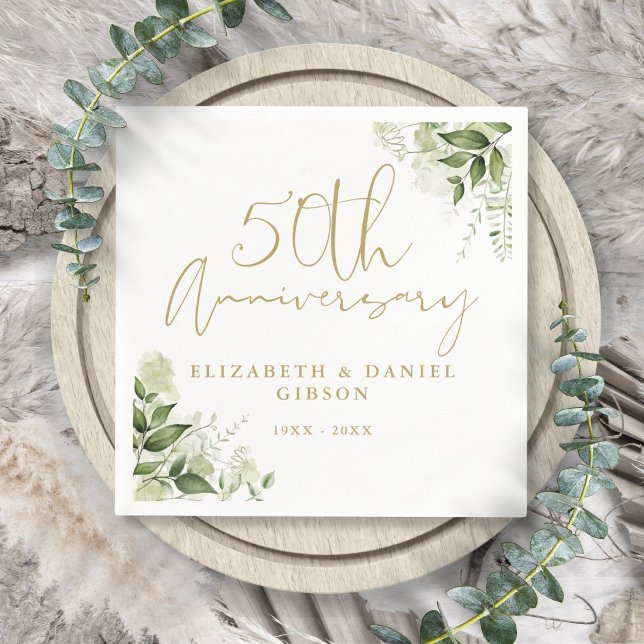 50-års bröllopsdag Grönska Guldmanus Pappersservett (50th Wedding Anniversary Greenery Gold Script Napkins
)