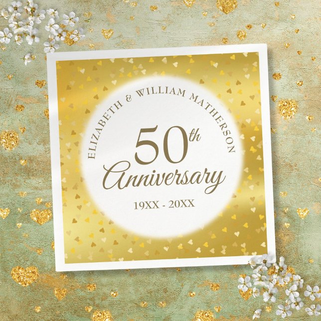 50-års bröllopsdag Guld Folie Hjärtan Konfetti Pappersservett (50th Wedding Anniversary Gold Foil Hearts Confetti Napkins)