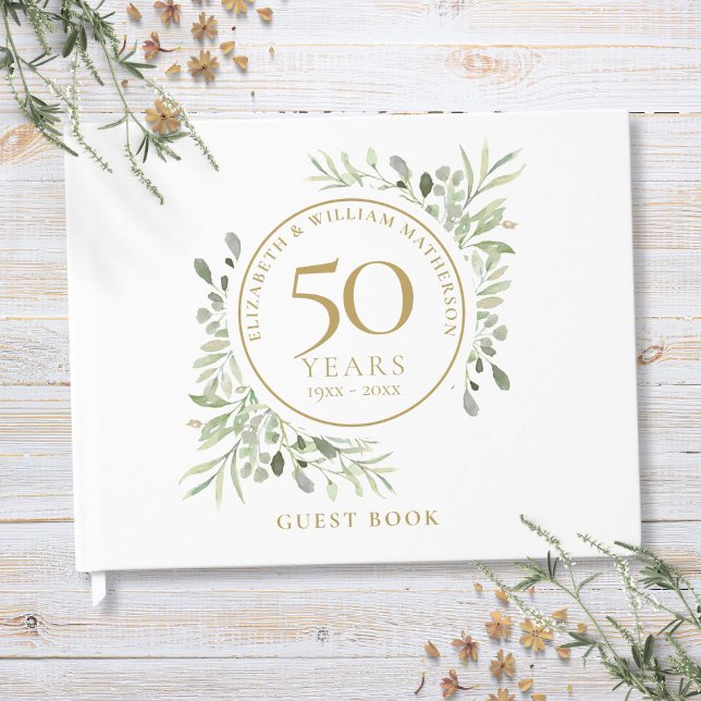 50-års bröllopsdag Guld Grönska Watercolor Gästböcker (50th Wedding Anniversary Gold Greenery Watercolor Guest Book)