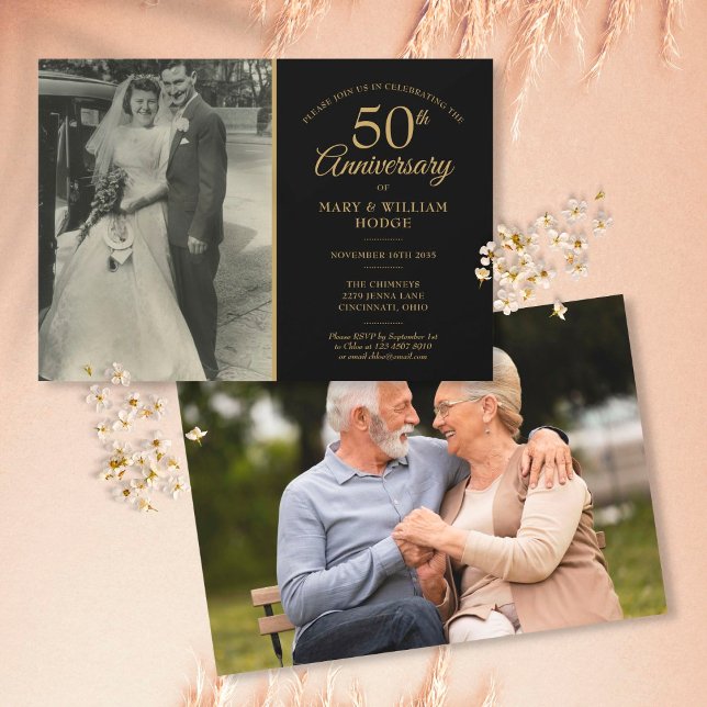 50 års Bröllopsdag Guld Svart 2 Foto Inbjudningar (Skapare uppladdad)