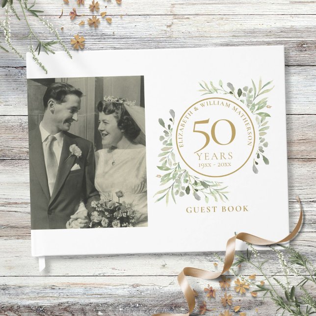 50-års bröllopsdag Guldgrönska Foto Gästböcker (50th Wedding Anniversary Gold Greenery Photo Guest Book)