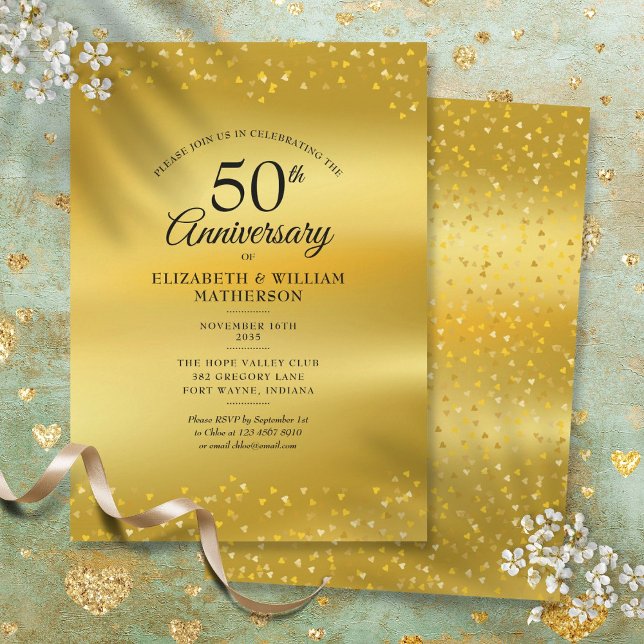 50-års bröllopsdag Guldhjärtan Folie Inbjudningar (50th Wedding Anniversary Gold Hearts Foil Invitation)