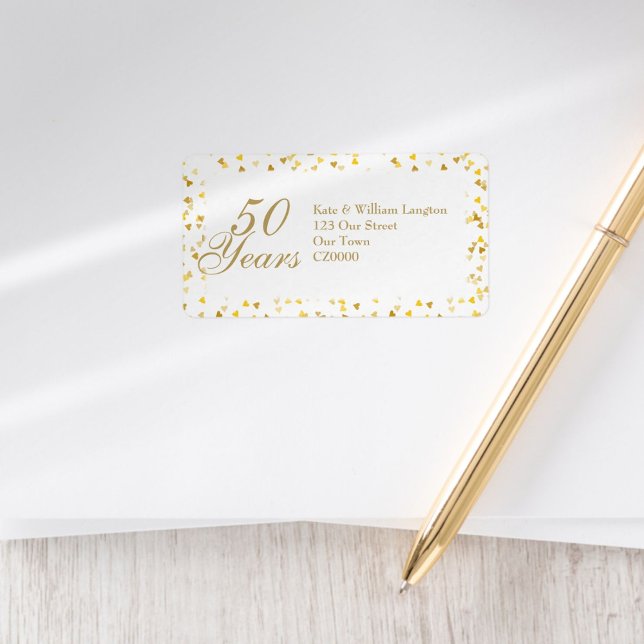 50-års bröllopsdag Guldhjärtans adress Adressetikett (50th Wedding Anniversary Gold Hearts Address Label)