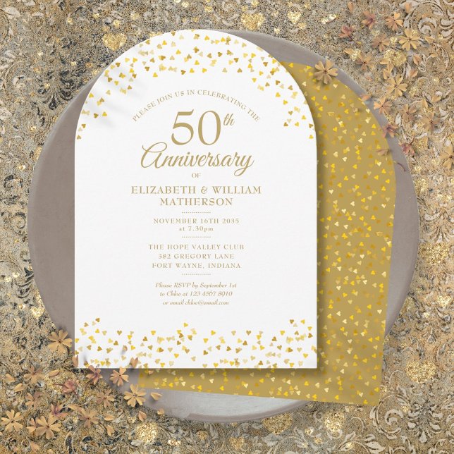50-års bröllopsdag Guldhjärtans valv Inbjudningar (50th Wedding Anniversary Gold Hearts Arch Invitation)