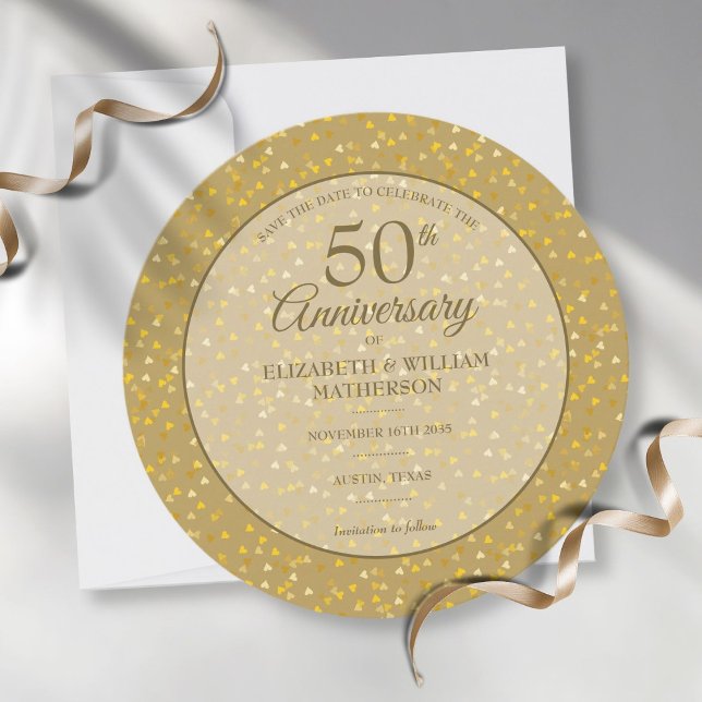 50-års bröllopsdag Guldhjärtor Cirkulär Spara Datumet (Skapare uppladdad)
