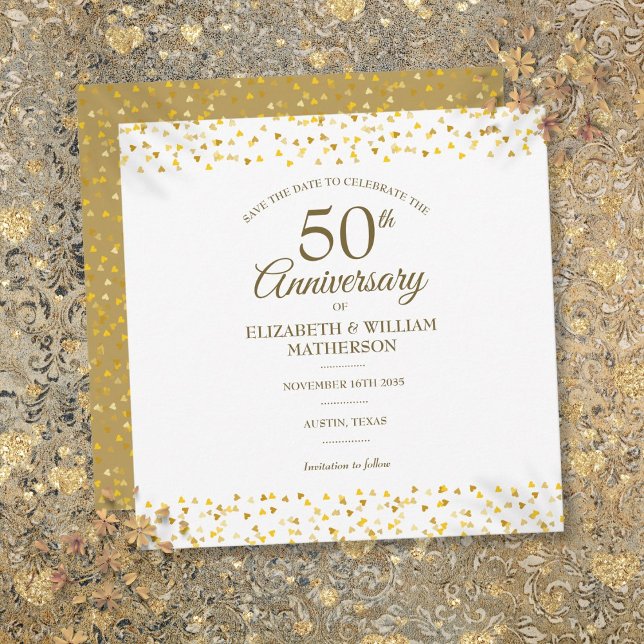 50-års bröllopsdag Guldhjärtor fyrkantig Spara Datumet (50th Wedding Anniversary Gold Hearts Square Save The Date)