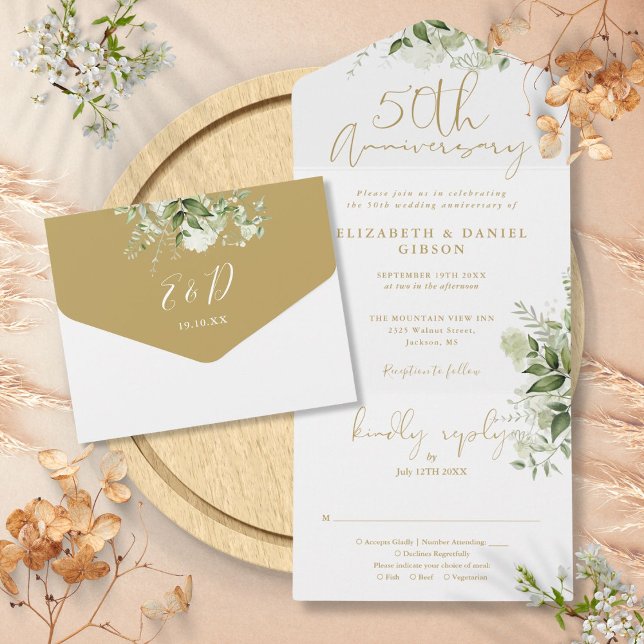 50-års bröllopsdag Guldskript Blommor (50th Wedding Anniversary Gold Script Floral All In One Invitation)