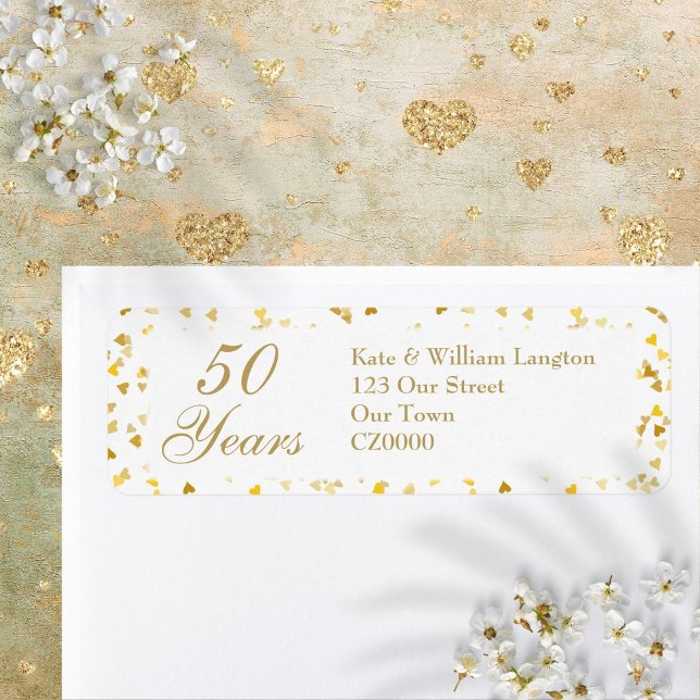 50-års bröllopsdag Gyldena hjärtan konfetti Returadress Etikett (50th Wedding Anniversary Golden Hearts Confetti Label)