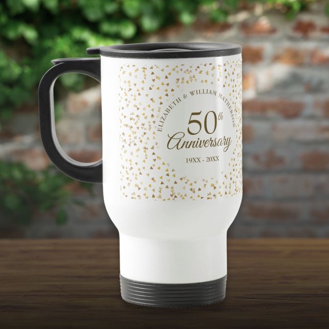 50-års bröllopsdag Gyldene Kärlekshjärtan Resemugg (50th Wedding Anniversary Golden Love Hearts Travel Mug)