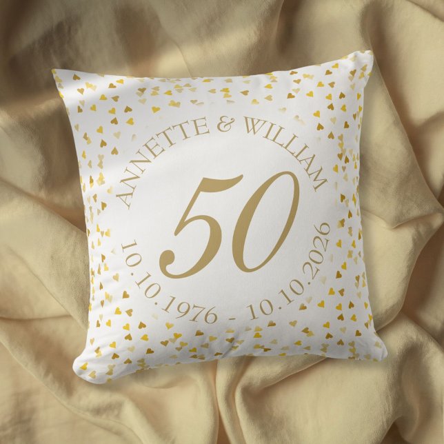 50-års bröllopsdag Gyldna Hjärtan Konfetti Kudde (50th Wedding Anniversary Golden Hearts Confetti Throw Pillow)