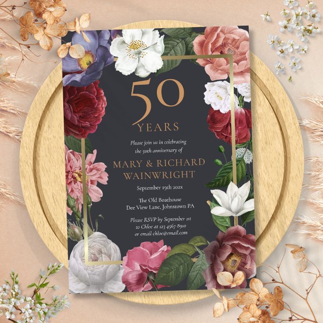 50-års bröllopsdag i Rosenträdgården Inbjudningar (50th Golden Wedding Anniversary Rose Garden Invitation)