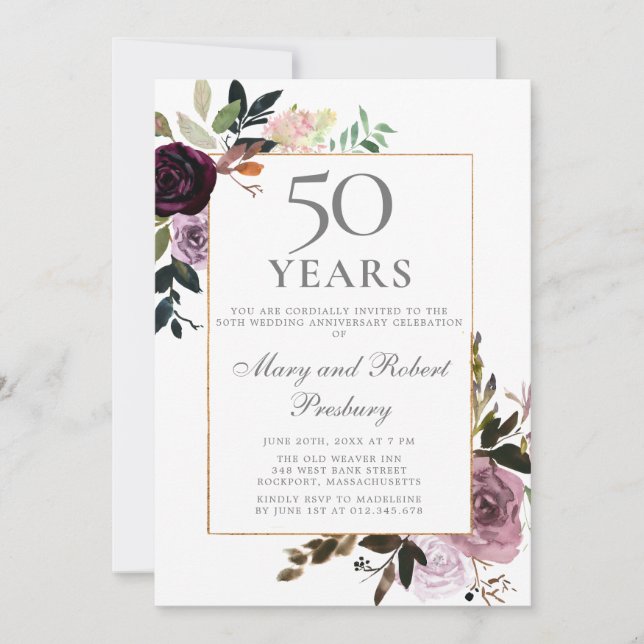 50-års bröllopsdag lila rosa blommor inbjudningar (Framsida)