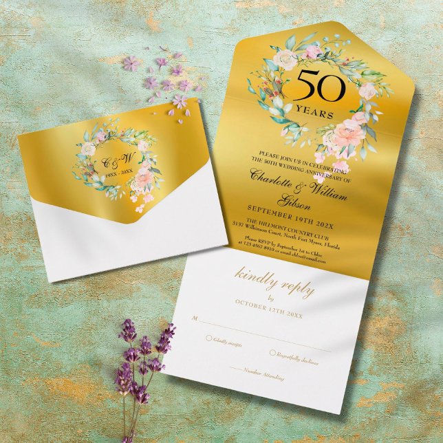 50-års bröllopsdag Monogram Blommig Guld (Skapare uppladdad)