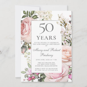 50-års bröllopsdag Pink Rose Blommig Inbjudningar