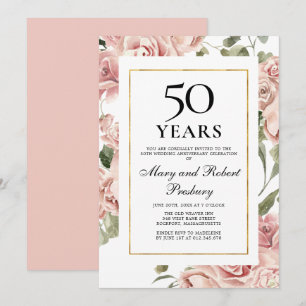 50-års bröllopsdag Rosa ros Blommig Inbjudningar