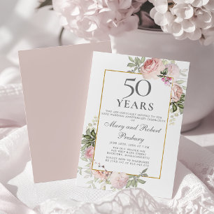 50-års bröllopsdag Rosa rosblommor Inbjudningar