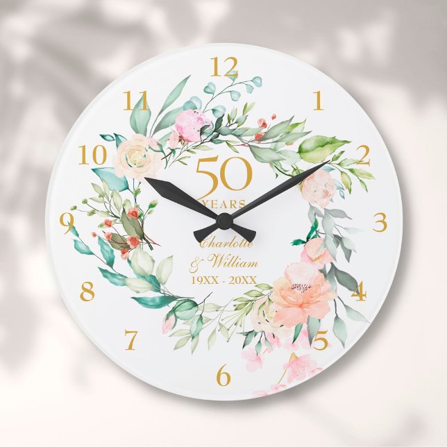 50-års bröllopsdag Rosor Blommig Stor Klocka (50th Golden Wedding Anniversary Roses Floral Large Clock)
