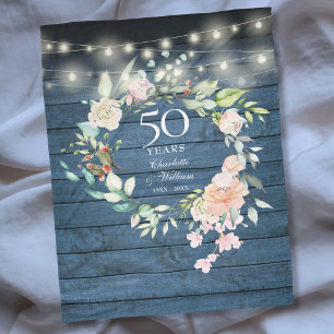 50-års bröllopsdag Rustik Blå Trä Blomma Fleecefilt